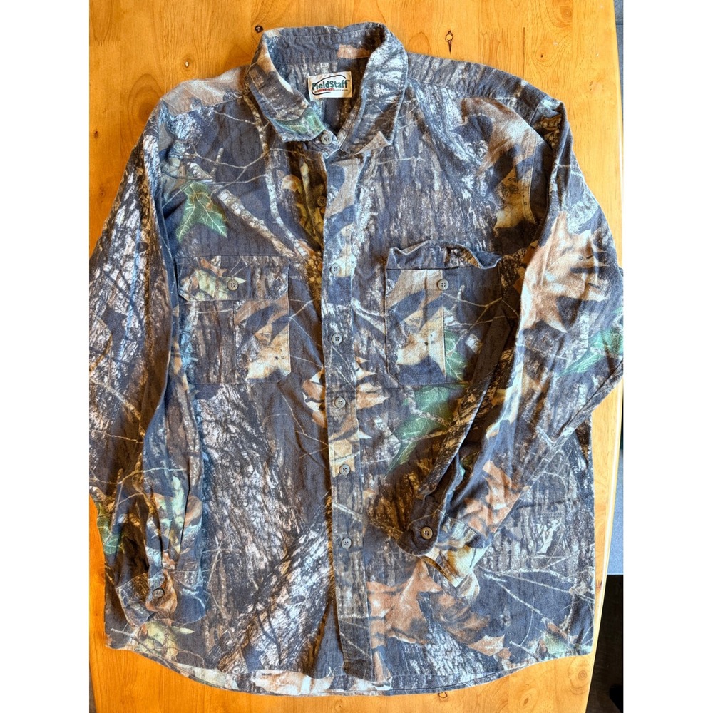 FieldStaff Mossy Oak Camo Button Down Shirt Mens Long Sleeve Tree Leaf Print 459